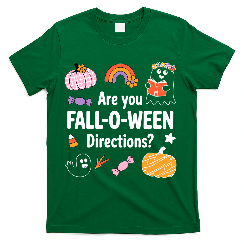 Are You Fall O Ween Directions Teacher Halloween Ghost T-Shirt - Green