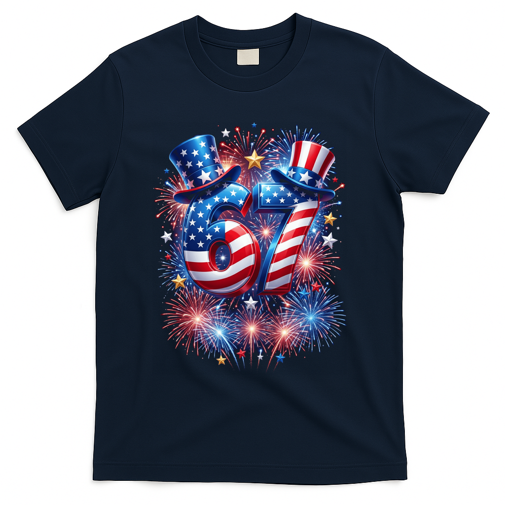 Birthday 67 American Flag 6-7 Meme USA 4th Of July America  T-Shirt - Navy