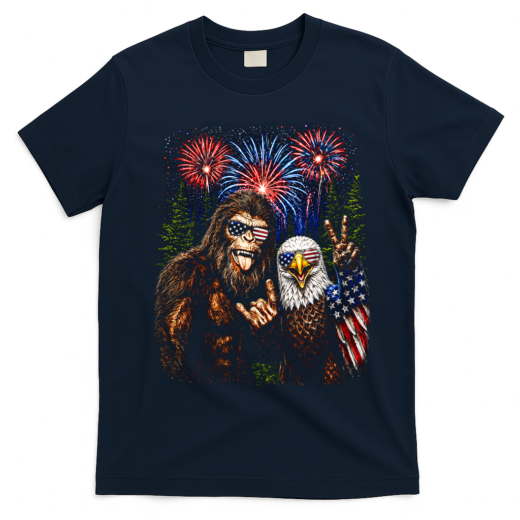 Bigfoot And Bald Eagle Fireworks Celebration T-Shirt - Navy Blue