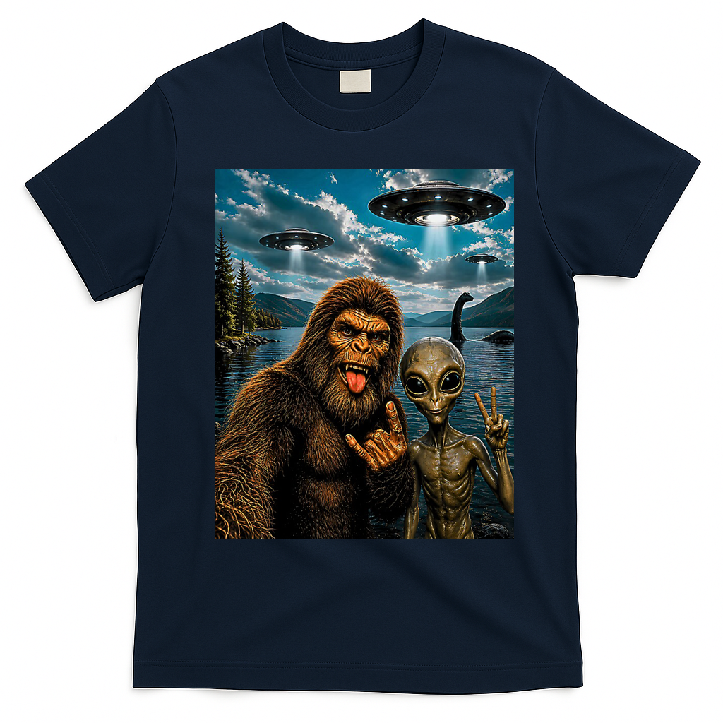 Bigfoot Alien Selfie Rock On Peace Sign UFO Sasquatch T-Shirt - Navy Blue