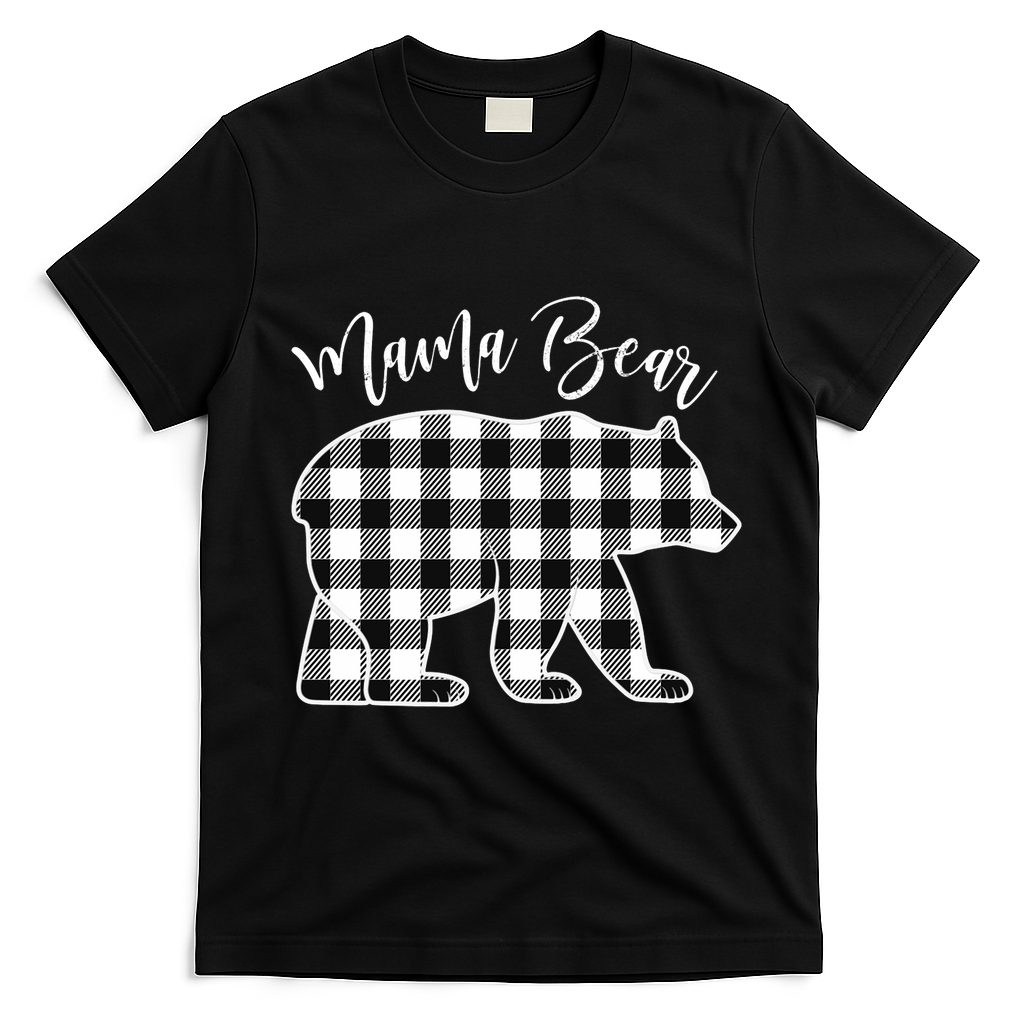 Black And White Buffalo Plaid Mama Bear Christmas Pajama T-Shirt - Black