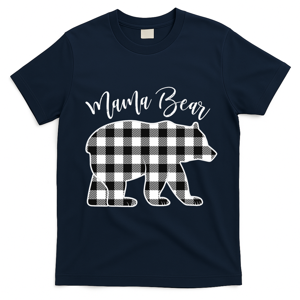Black And White Buffalo Plaid Mama Bear Christmas Pajama T-Shirt - Navy Blue
