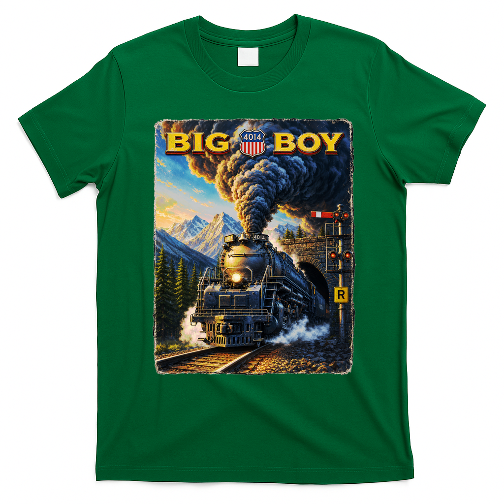 Big Boy 4014 Van Gogh Vintage Steam Locomotive T-Shirt - Irish Green