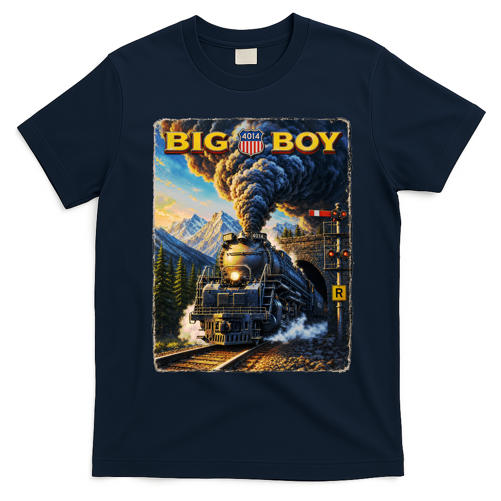 Big Boy 4014 Van Gogh Vintage Steam Locomotive T-Shirt - Navy Blue