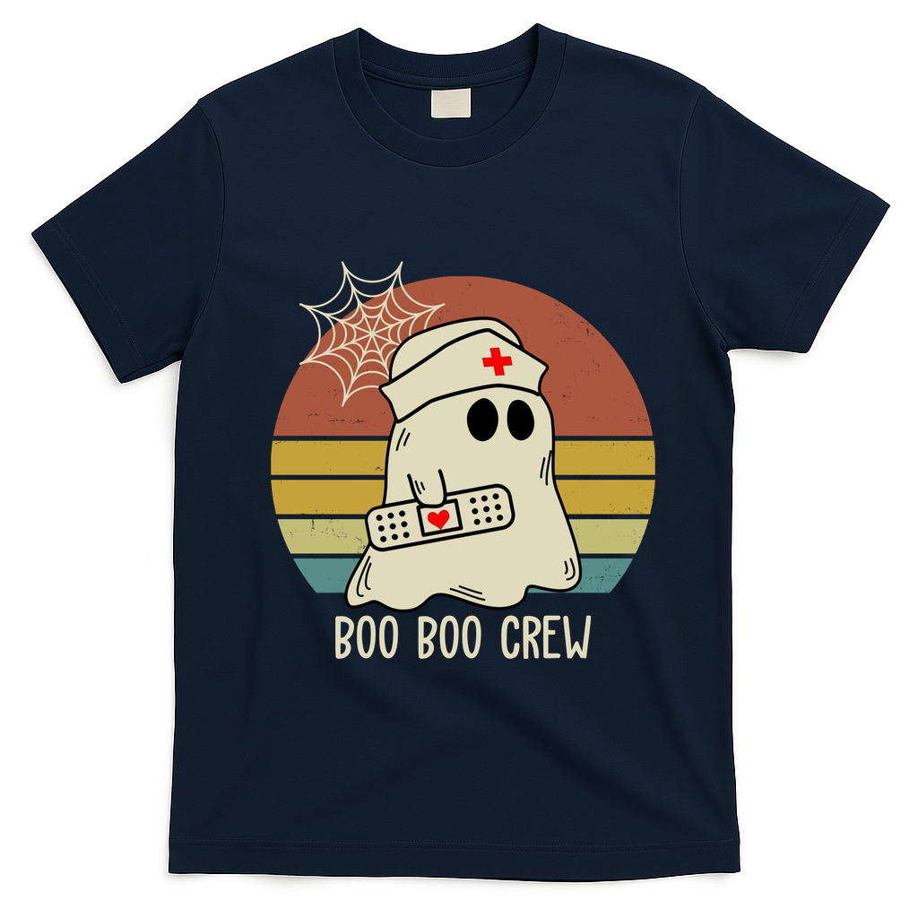 Boo Boo Crew Nurse Halloween Nurse Retro T-Shirt - Navy Blue