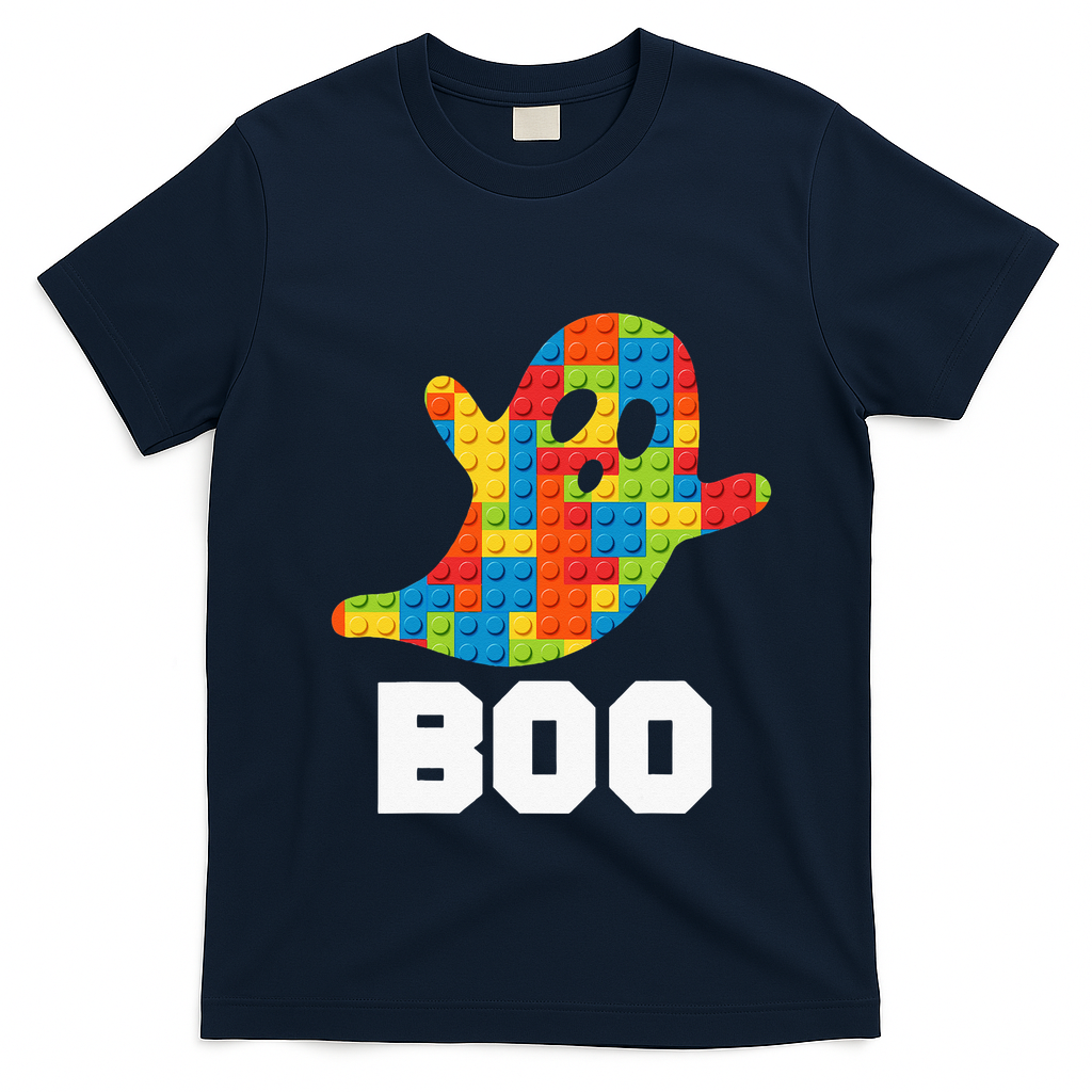 Building Blocks Ghost Boo Master Builder Halloween Costume T-Shirt - Navy Blue