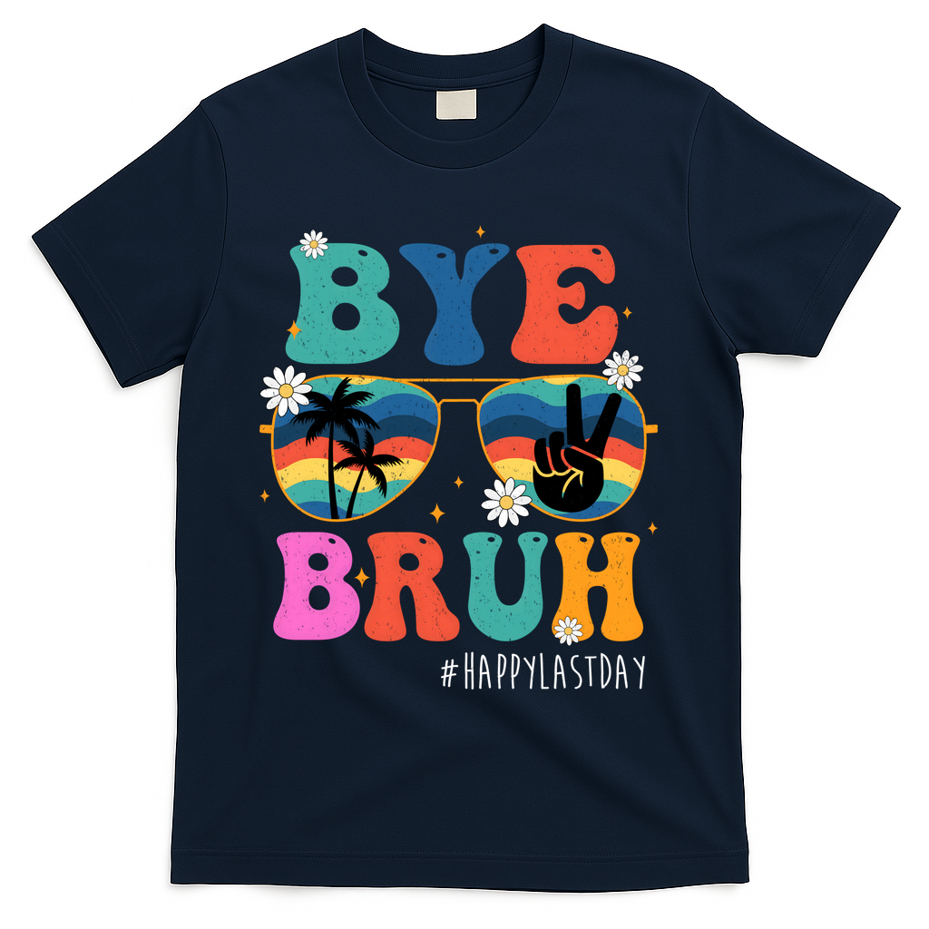 Bye Bruh Happy Last Day Of School Retro Hippie T-Shirt - Navy