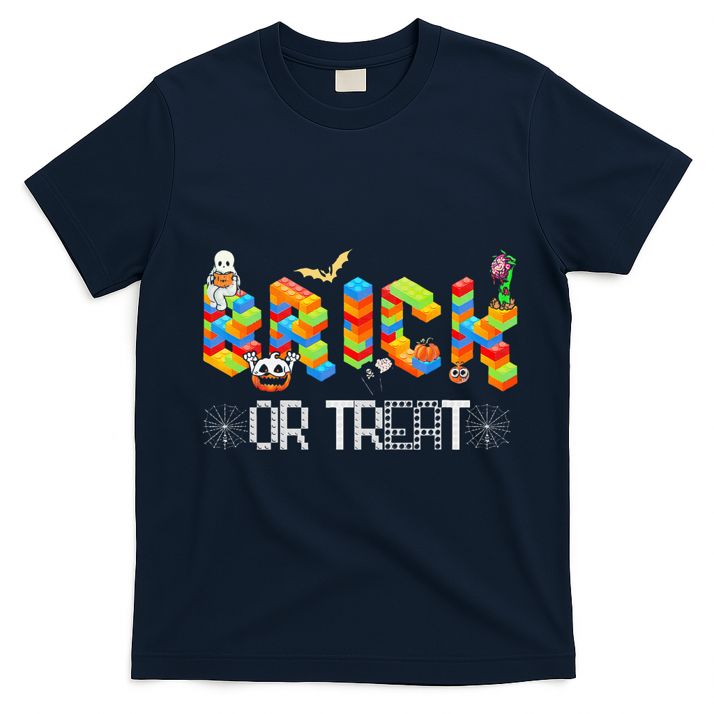 Block Building Halloween Brick Or Treat Master Builder T-Shirt - Navy Blue