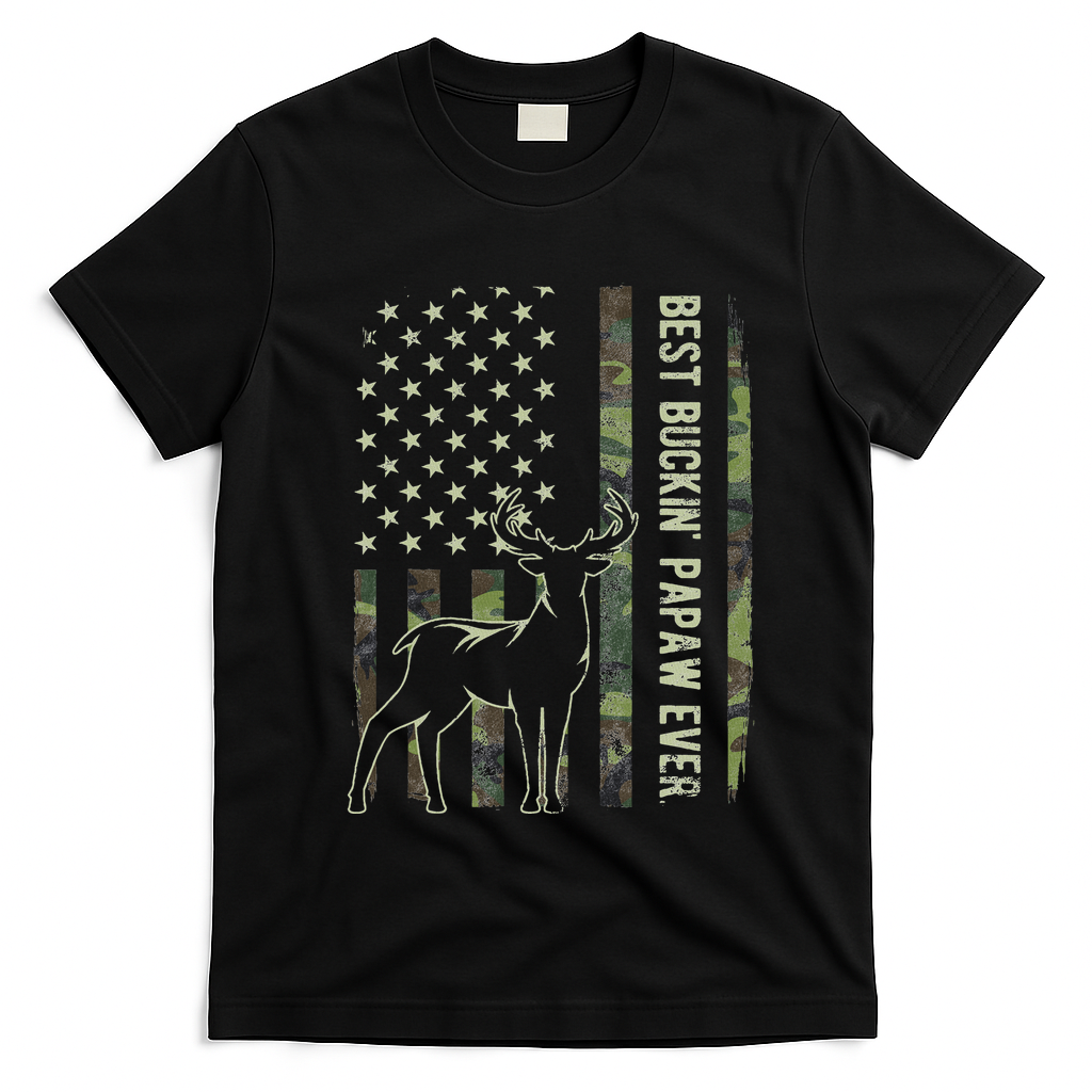 Best Buckin Papaw Camo American Flag Deer Hunting Gift T-Shirt - Black