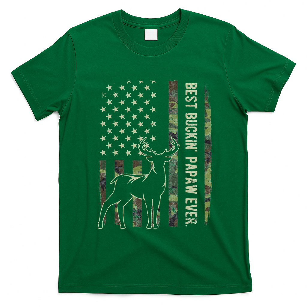 Best Buckin Papaw Camo American Flag Deer Hunting Gift T-Shirt - Irish Green