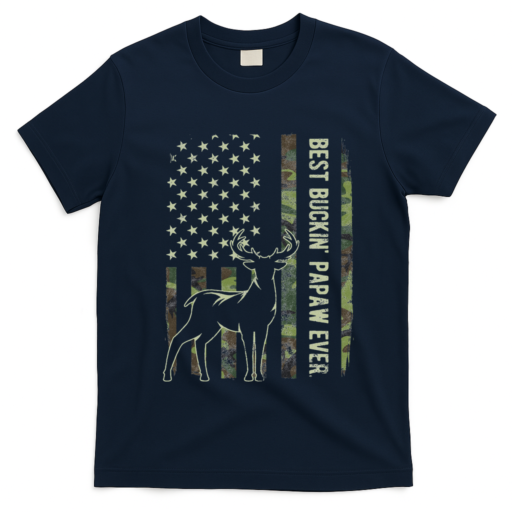 Best Buckin Papaw Camo American Flag Deer Hunting Gift T-Shirt - Navy Blue