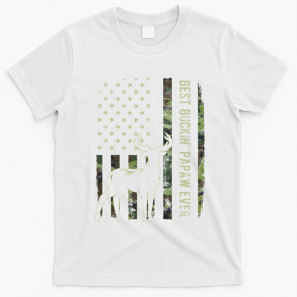 Best Buckin Papaw Camo American Flag Deer Hunting Gift T-Shirt - White