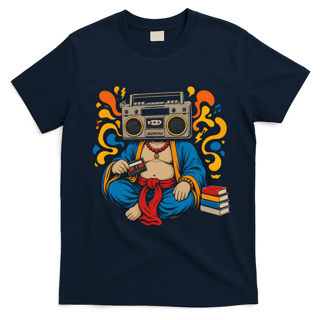 Buddha Boombox Retro Music Vibes T-Shirt - Navy Blue