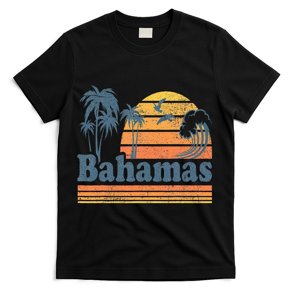 Bahamas Beach Summer Vacation Sunset Vintage 70S Retro T-Shirt - Black