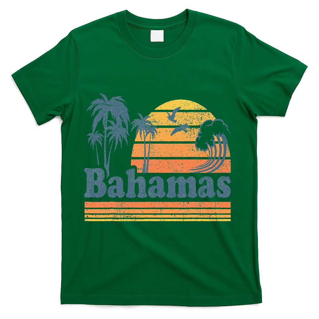 Bahamas Beach Summer Vacation Sunset Vintage 70S Retro T-Shirt - Green