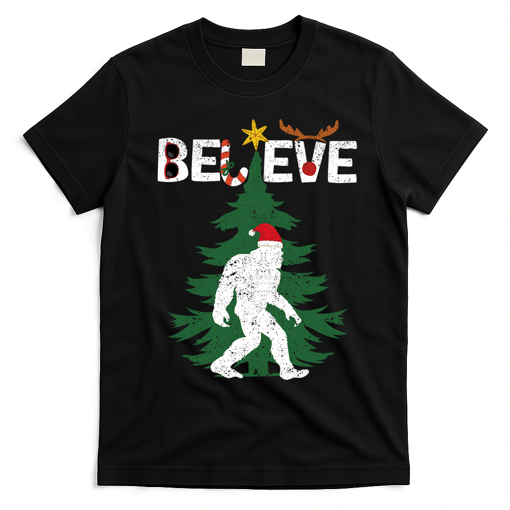 Believe Bigfoot Sasquatch Yeti Santa Hat Christmas Pajamas T-Shirt - Black