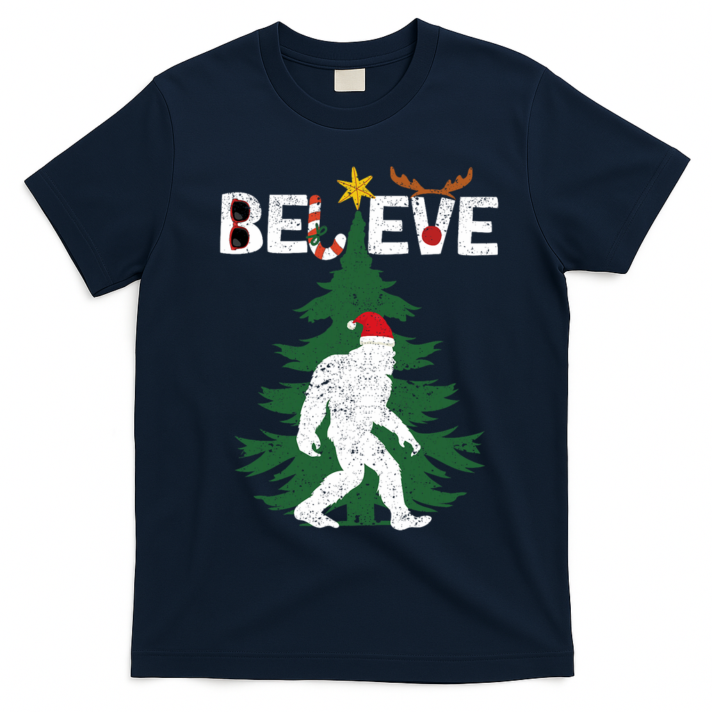 Believe Bigfoot Sasquatch Yeti Santa Hat Christmas Pajamas T-Shirt - Navy Blue
