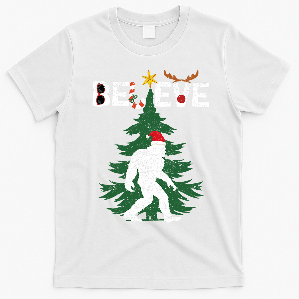 Believe Bigfoot Sasquatch Yeti Santa Hat Christmas Pajamas T-Shirt - White