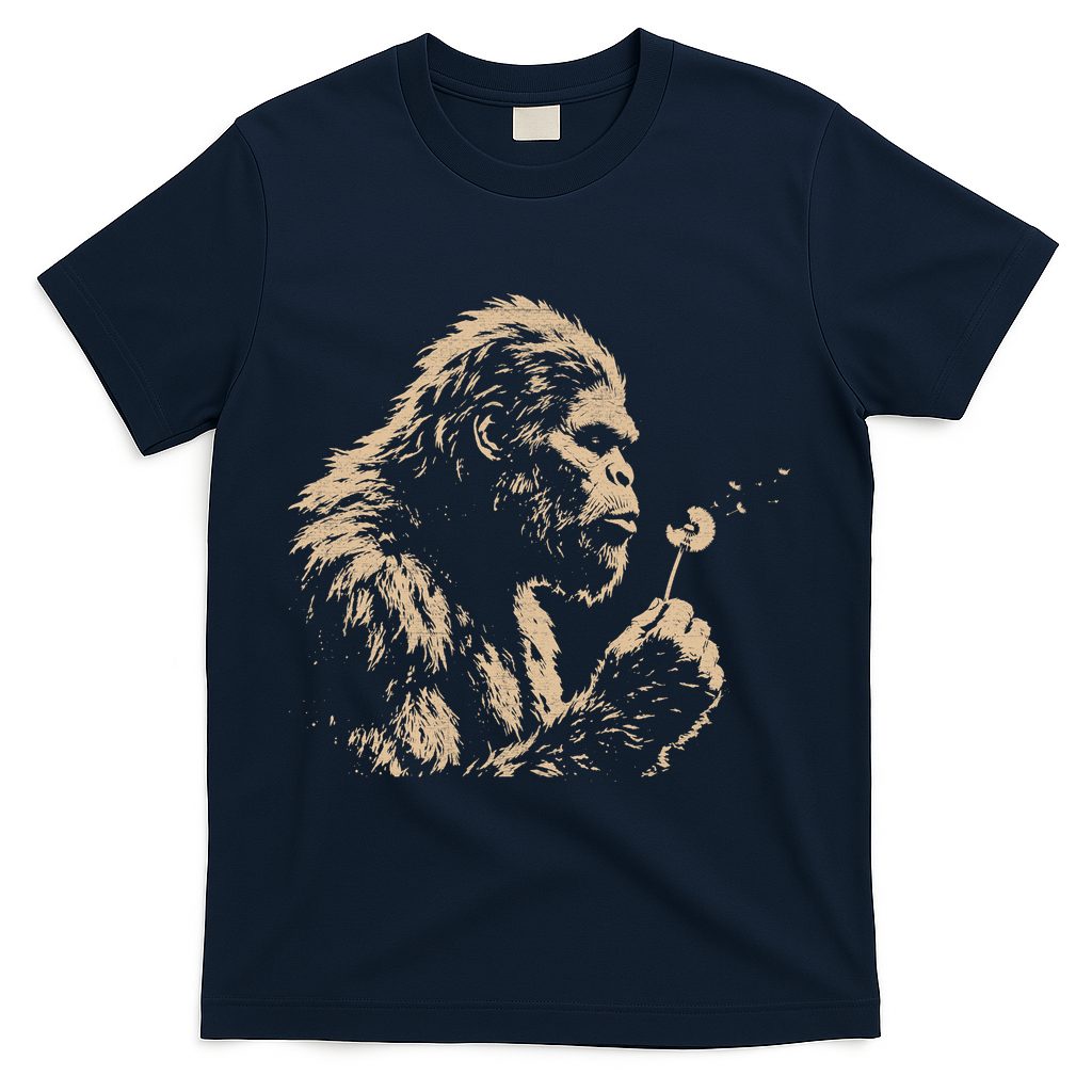 Bigfoot Blowing Wishes Funny Sasquatch Dandelion T-Shirt - Navy
