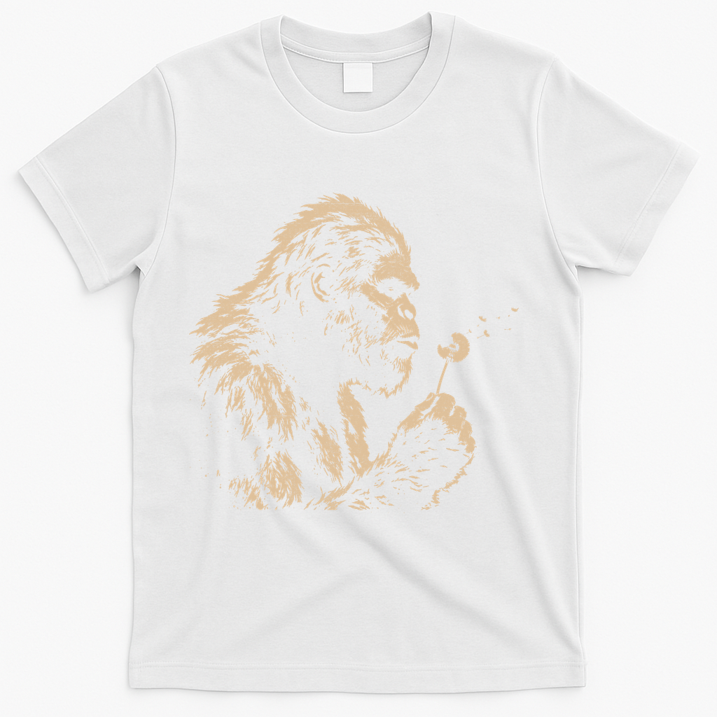 Bigfoot Blowing Wishes Funny Sasquatch Dandelion T-Shirt - White