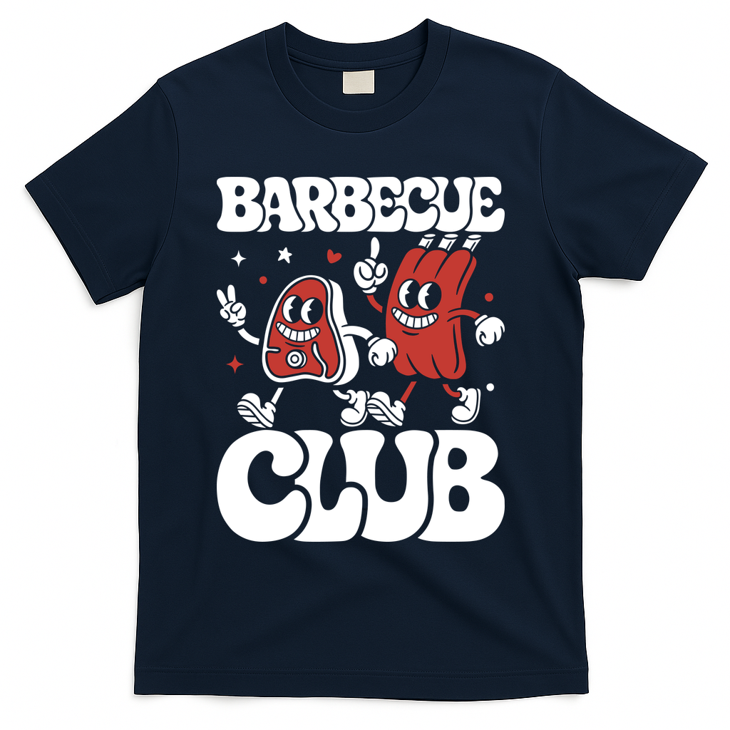 Barbecue Club Funny Cartoon Meat Lovers Retro T-Shirt - Navy