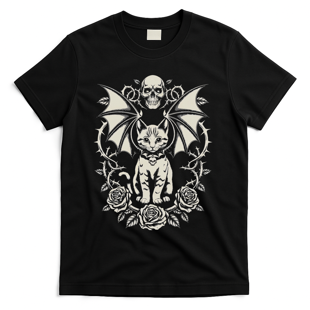 Black Cat Goth Kitten Halloween Skulls Rose Mom Dad T-Shirt - Black
