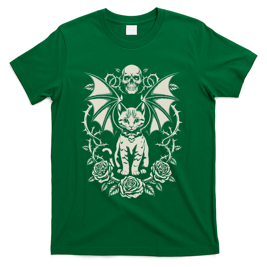 Black Cat Goth Kitten Halloween Skulls Rose Mom Dad T-Shirt - Green