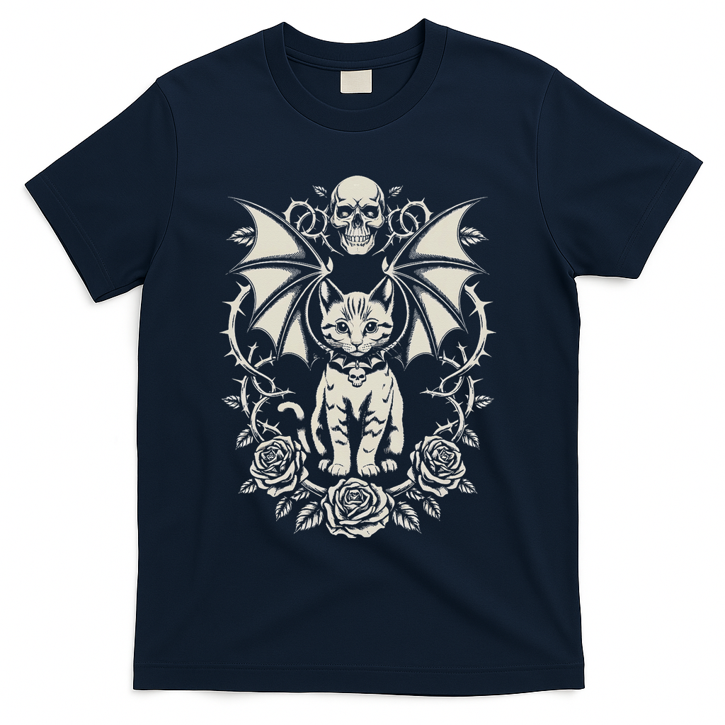 Black Cat Goth Kitten Halloween Skulls Rose Mom Dad T-Shirt - Navy