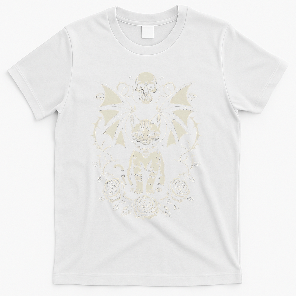Black Cat Goth Kitten Halloween Skulls Rose Mom Dad T-Shirt - White
