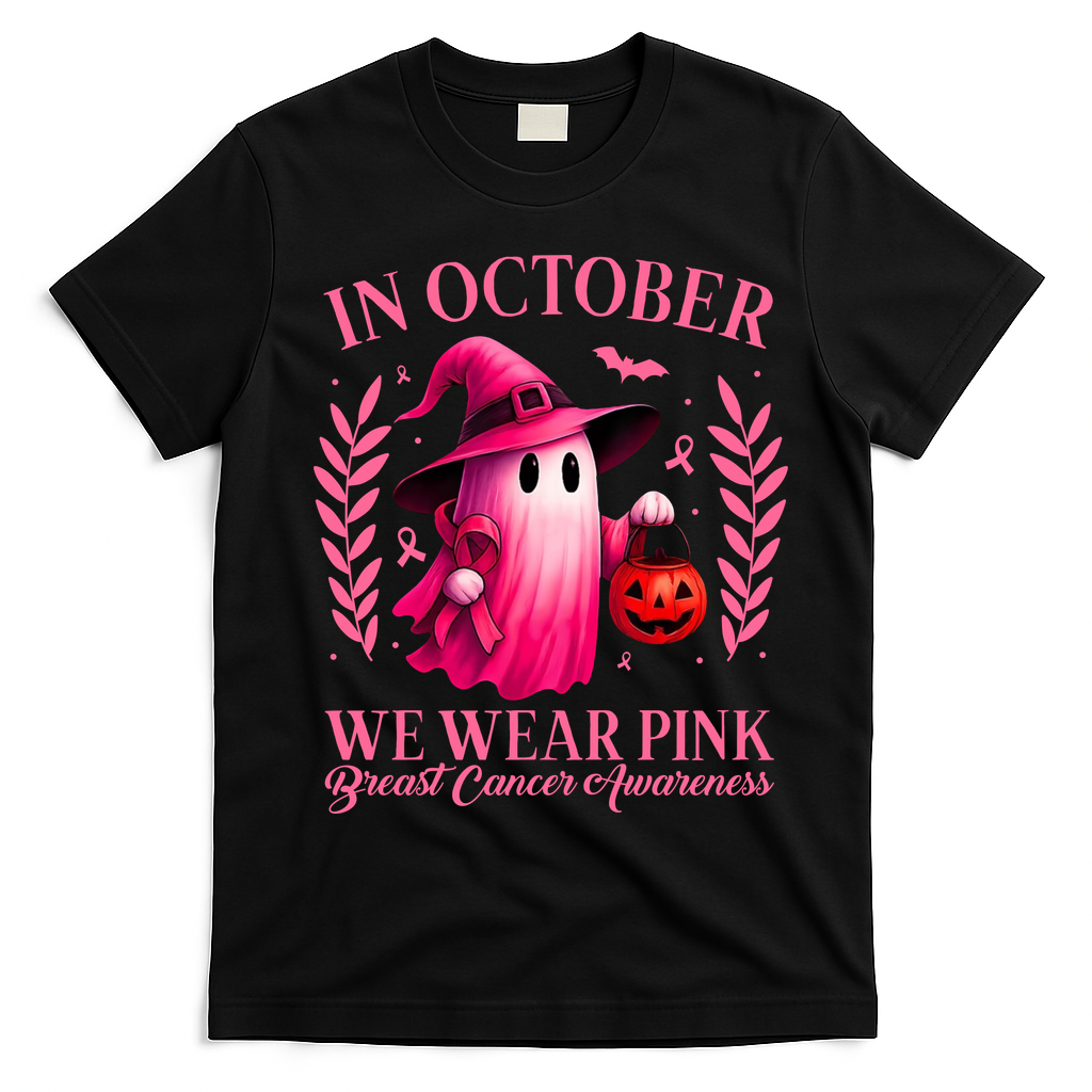 Breast Cancer Halloween Ghost Wear Pink In October T-Shirt - Black