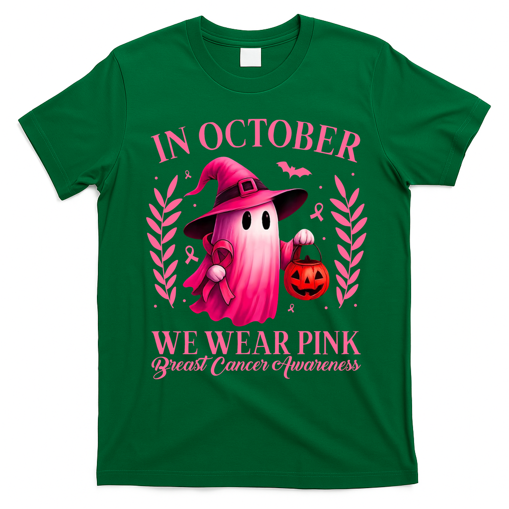 Breast Cancer Halloween Ghost Wear Pink In October T-Shirt - Irish Green