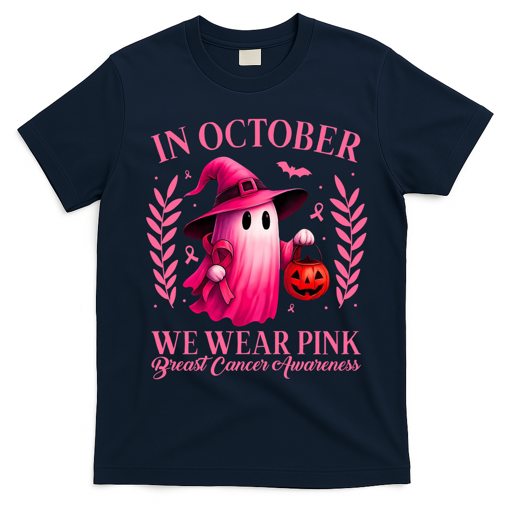Breast Cancer Halloween Ghost Wear Pink In October T-Shirt - Navy Blue