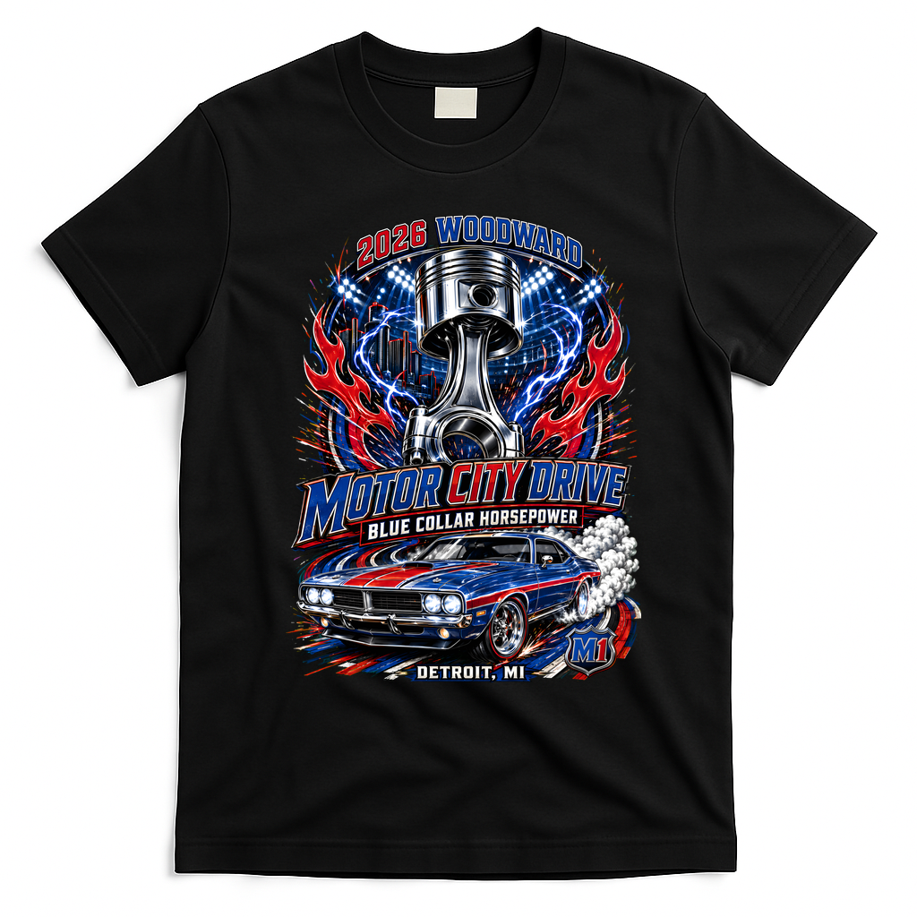 Blue Collar Horsepower M1 Car Cruise Motor City Drive Woodward Ave T-Shirt - Black