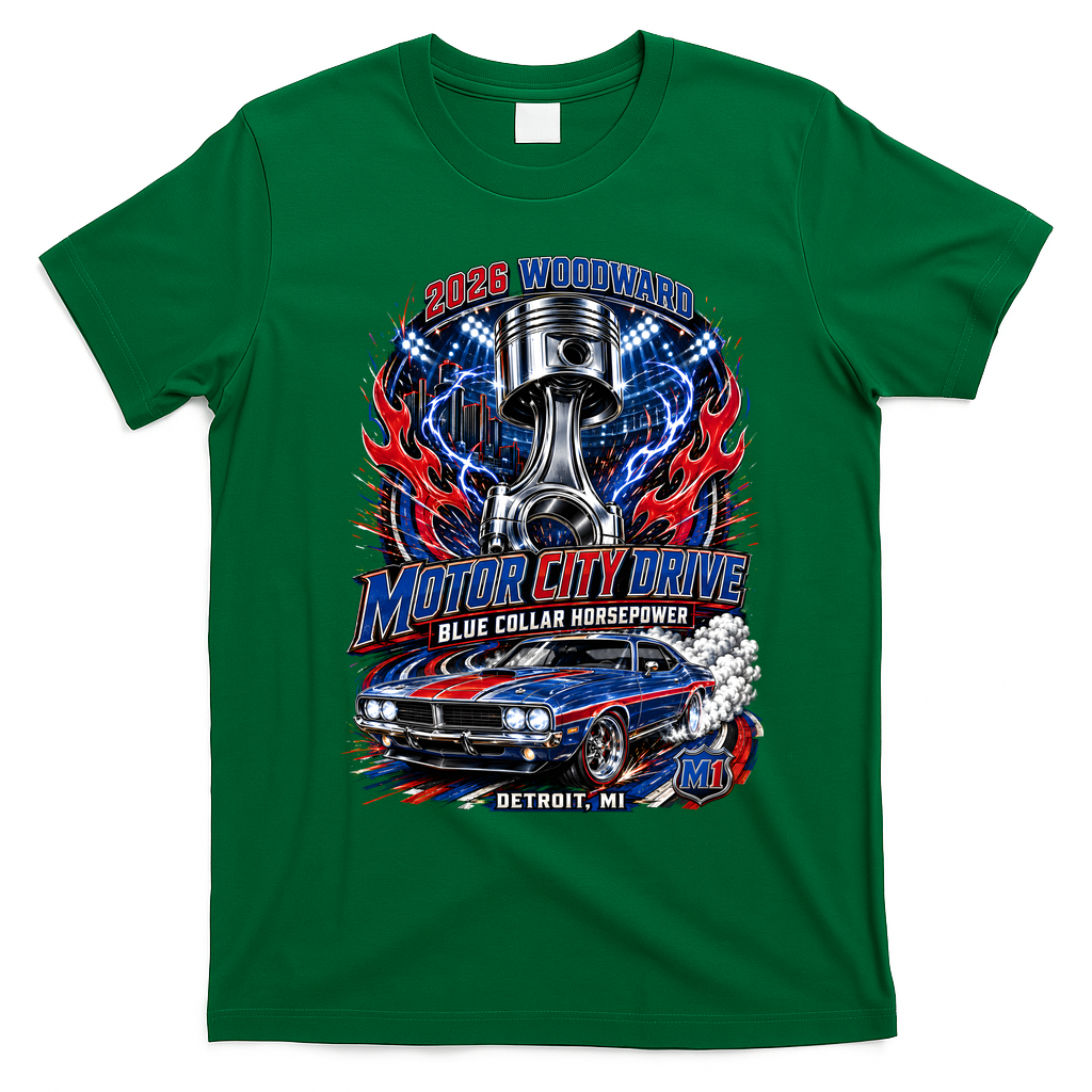 Blue Collar Horsepower M1 Car Cruise Motor City Drive Woodward Ave T-Shirt - Irish Green