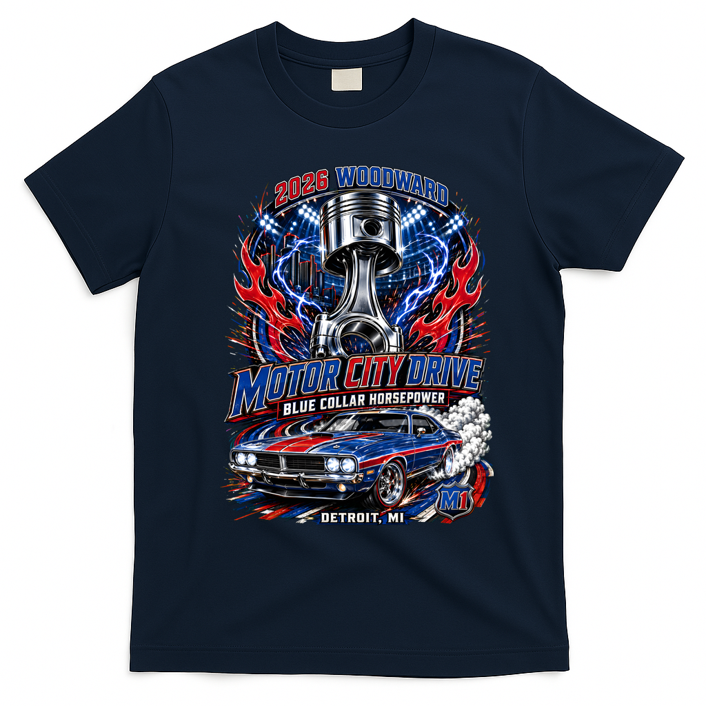 Blue Collar Horsepower M1 Car Cruise Motor City Drive Woodward Ave T-Shirt - Navy Blue
