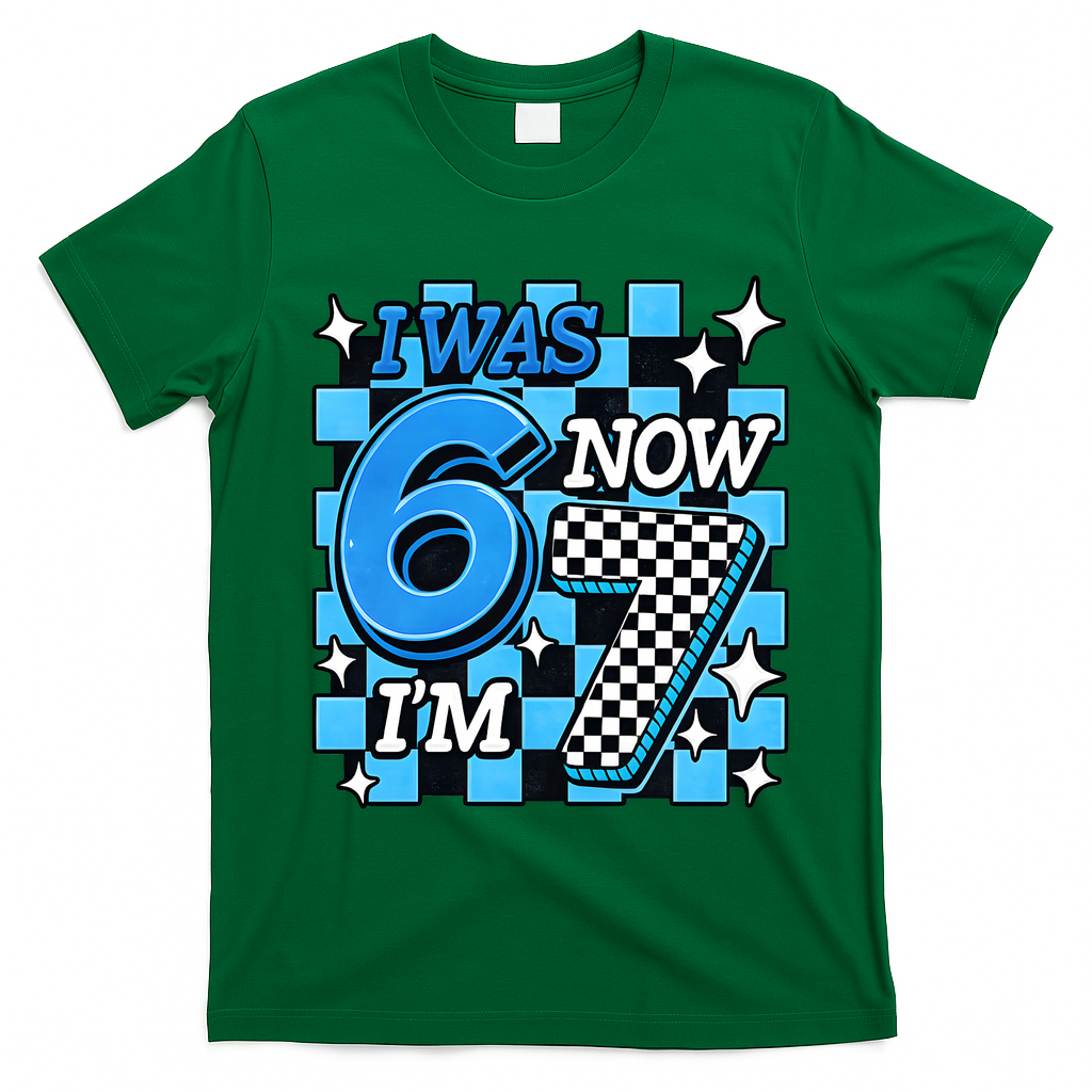 Blue Checkered I Was 6 Now I'm 7 67 Birthday Boy T-Shirt