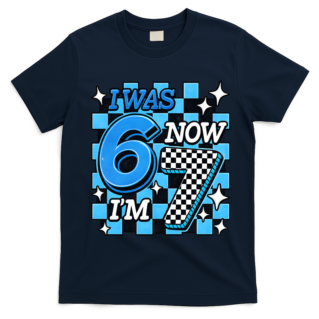 Blue Checkered I Was 6 Now I'm 7 67 Birthday Boy T-Shirt