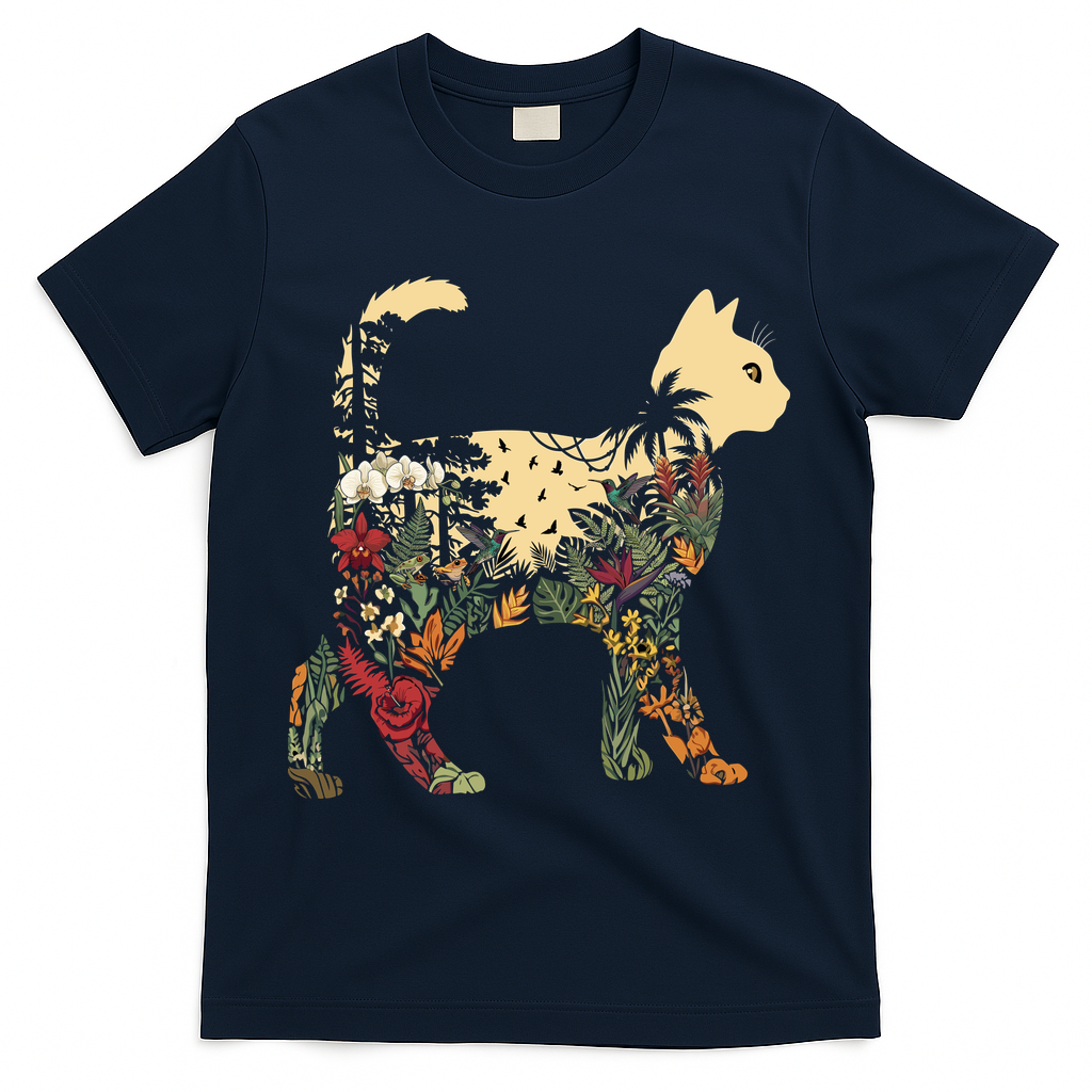 Boho Cat Plants Nature Trees Wild Flowers Graphic T-Shirt - Navy