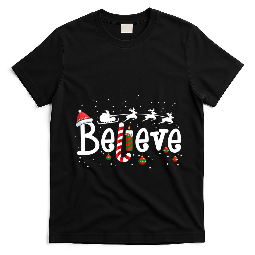 Believe Christmas Santa Claus Reindeer Candy Cane Xmas Gift T-Shirt - Black