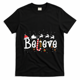 Believe Christmas Santa Claus Reindeer Candy Cane Xmas Gift T-Shirt - Black