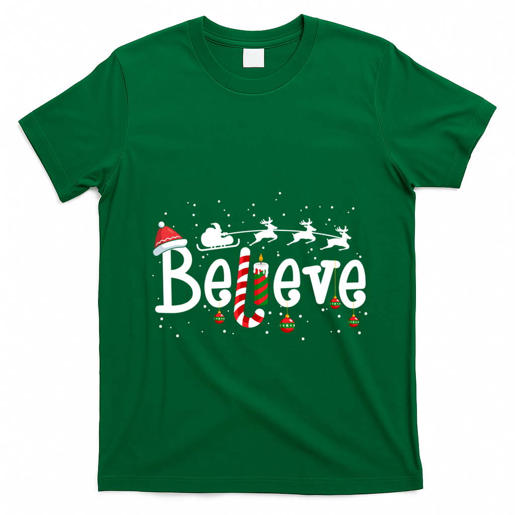 Believe Christmas Santa Claus Reindeer Candy Cane Xmas Gift T-Shirt - Irish Green