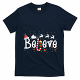Believe Christmas Santa Claus Reindeer Candy Cane Xmas Gift T-Shirt - Navy Blue