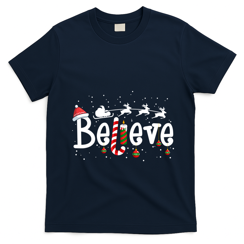 Believe Christmas Santa Claus Reindeer Candy Cane Xmas Gift T-Shirt - Navy Blue