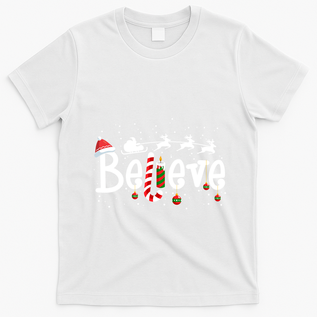 Believe Christmas Santa Claus Reindeer Candy Cane Xmas Gift T-Shirt - White