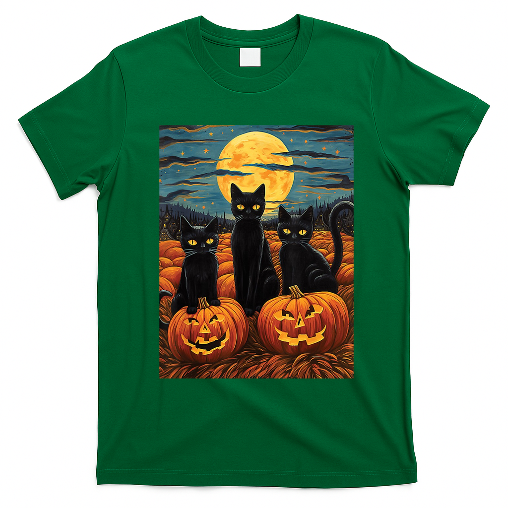 Black Cat Starry Night Van Gogh Funny Halloween T-Shirt - Irish Green