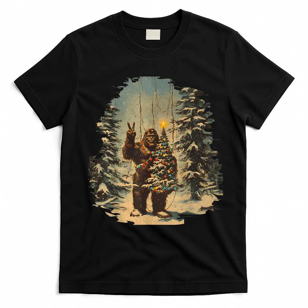 Bigfoot Christmas Tree Lights Tarot Xmas Sasquatch T-Shirt - Black