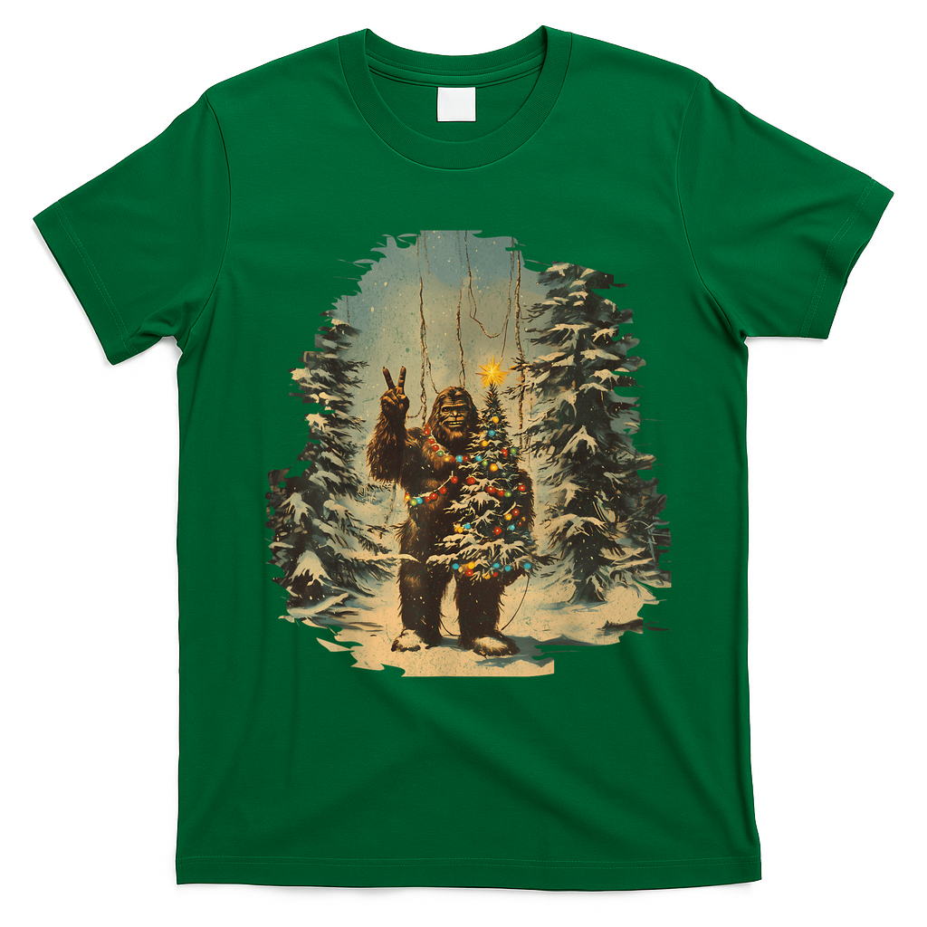 Bigfoot Christmas Tree Lights Tarot Xmas Sasquatch T-Shirt - Irish Green