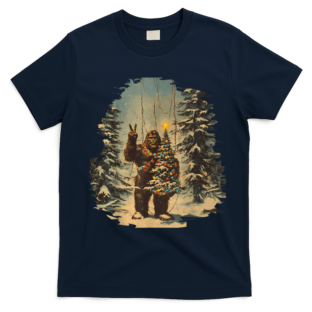Bigfoot Christmas Tree Lights Tarot Xmas Sasquatch T-Shirt - Navy Blue