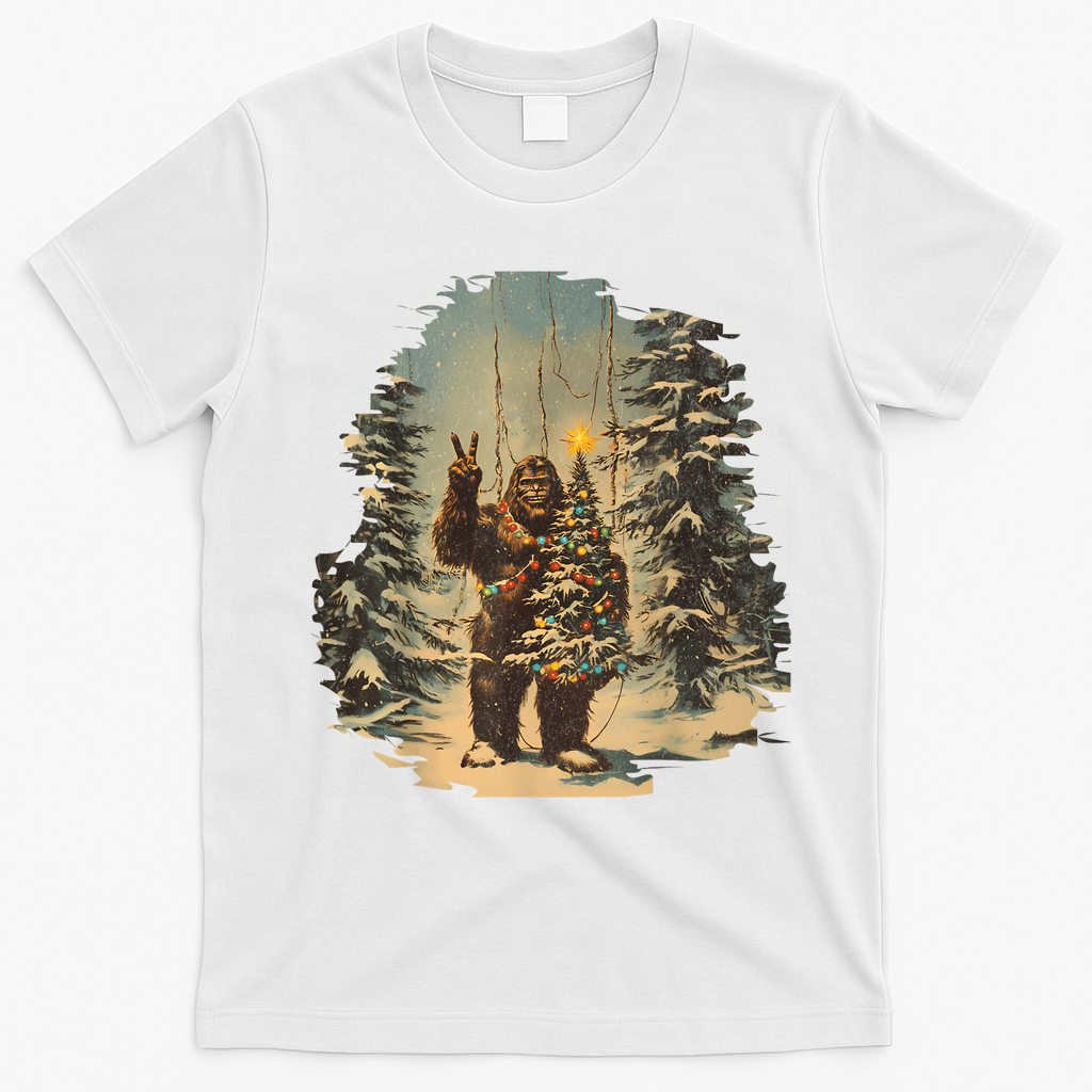 Bigfoot Christmas Tree Lights Tarot Xmas Sasquatch T-Shirt - White