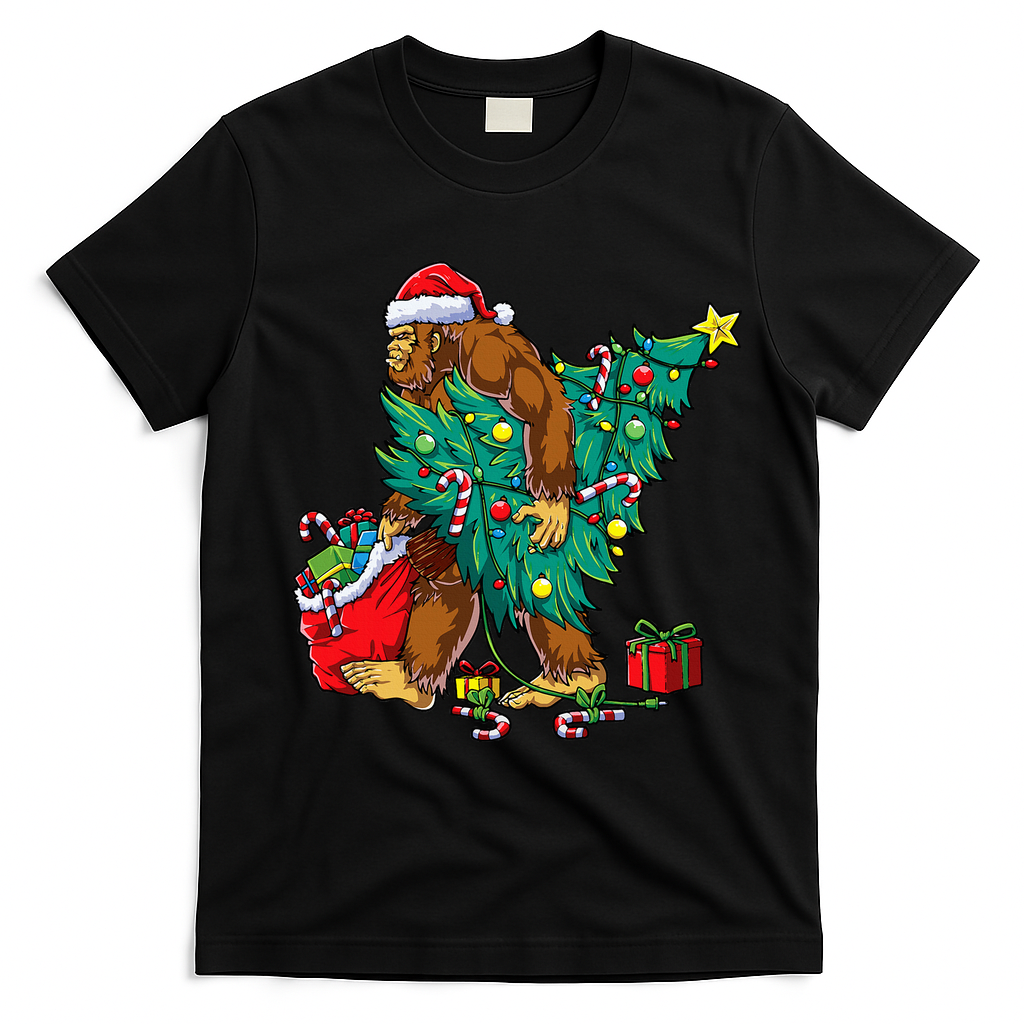 Bigfoot Christmas Tree Lights Xmas T-Shirt - Black